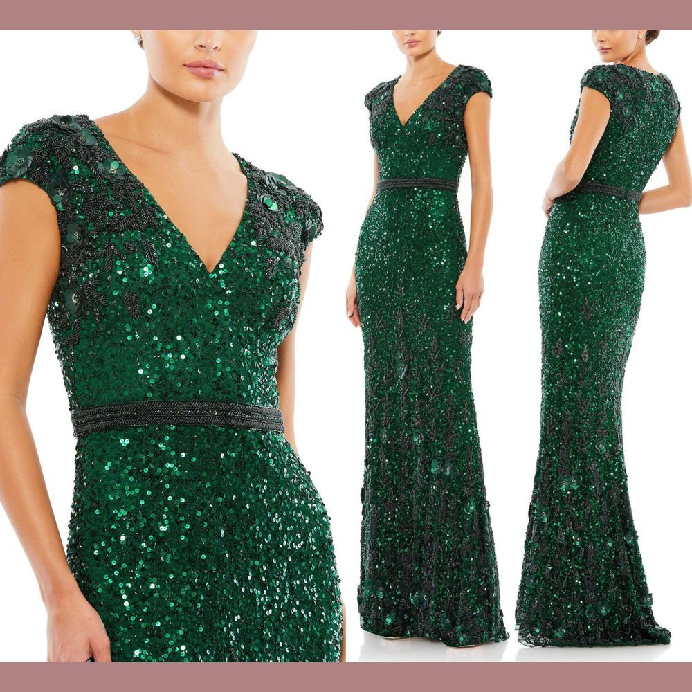 NWT $698‎ Mac Duggal [ 6 ] Embellished V Neck Cap Sleeve Sequin Gown Green #5055